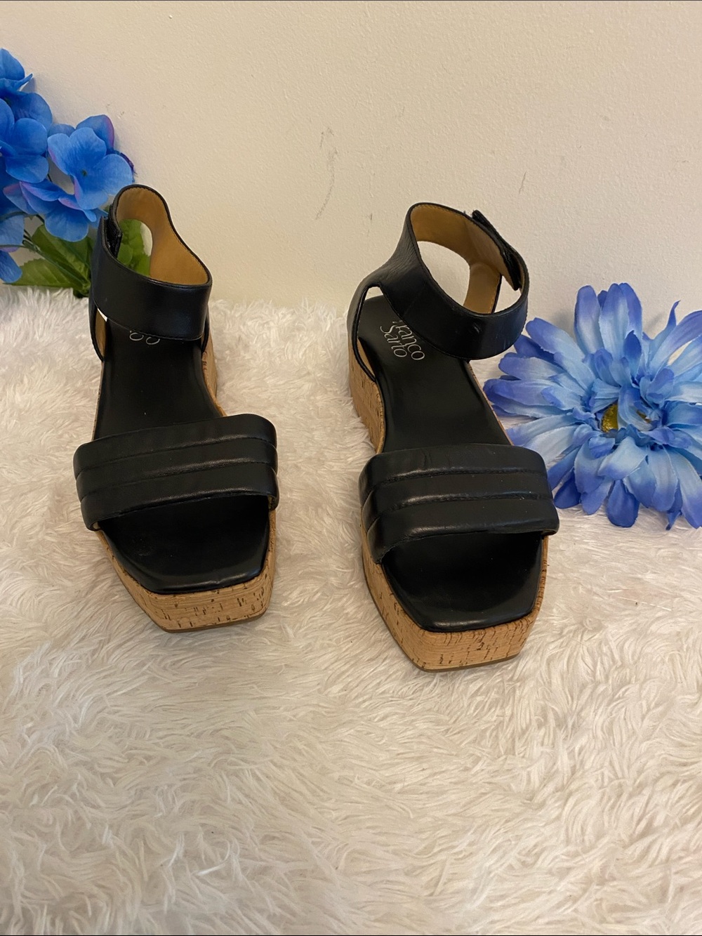 Franco Sarto Black Leather Cork Wedge Sandals with Ankle Strap